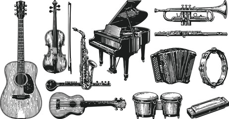 A collection of musical instruments depicted in an engraving vintage style for artistic and commercial design backgrounds © Mahi Fattah