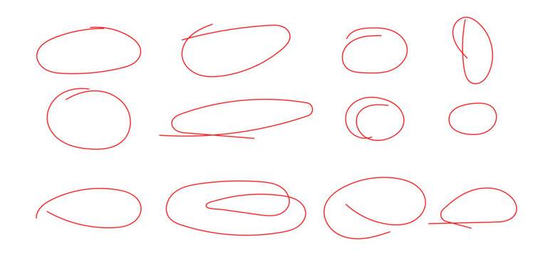 Hand drawn red circles set for highlighting important text and design elements. Set of red pen hand drawn doodle marks, red circle and oval stroke set. Outline red drawing line clipart symbol