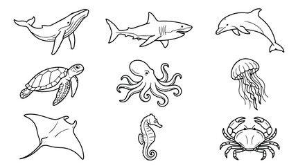 Fototapeta premium Ocean Wildlife Vector Icons Set: Whale, Shark, Dolphin, Turtle, Octopus, Jellyfish, Stingray, Seahorse, Crab Illustrations for Marine Biology and Aquatic Themes