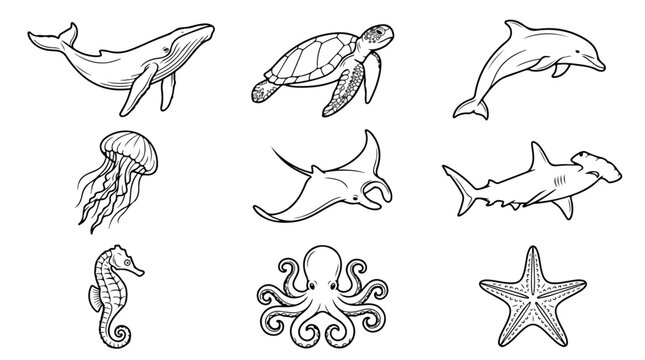Marine Life Vector Icons Set, Hand-Drawn Ocean Creatures Collection, Whales, Dolphins, Sharks, Sea Turtles, Jellyfish, Manta Rays, Octopuses, Seahorses, Starfish Illustrations