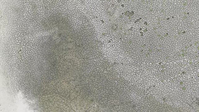 Professional 4K aerial drone footage gliding over a completely dried pond with striking cracked mud textures in rural Bangladesh. 