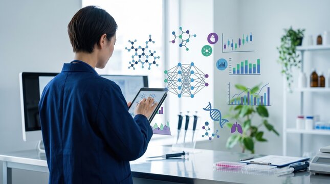 Female scientist analyzing molecular structures and data on tablet in modern laboratory, biotechnology research concept