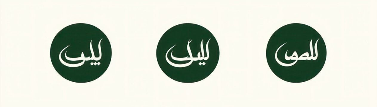 Three dark green circles with flowing white Arabic calligraphy on a pale background, elegant and serene minimalist composition