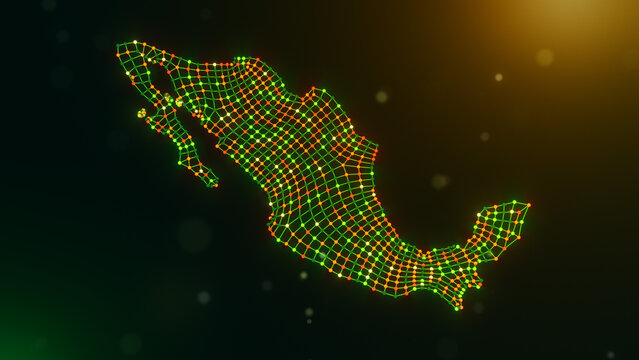 Perspective view of a futuristic Mexico map created from wavy dotted network lines with glowing green, yellow, and orange nodes over a dark bokeh background, symbolizing digital connectivity.
