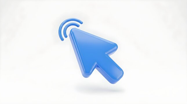Blue 3d click pointer arrow icon on white background glossy surface and curved design cursor digital interface color computer graphics