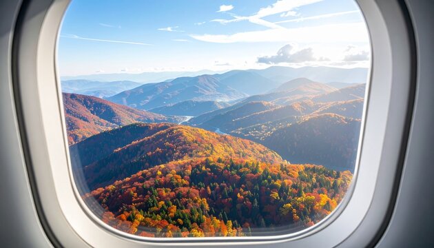 Airplane Window View Over Colorful Autumn Mountains
