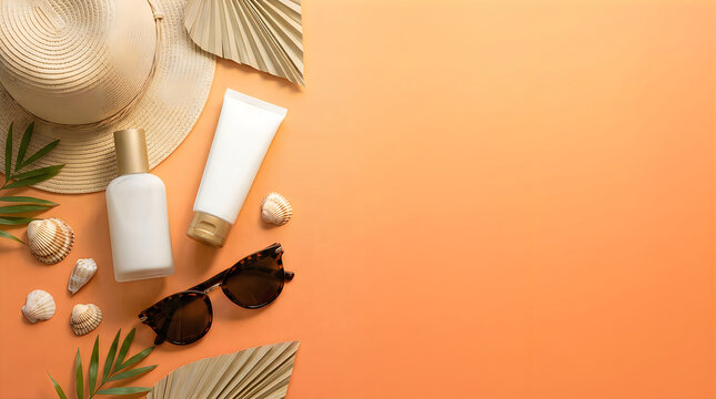 Summer essentials flatlay sunscreen hat sunglasses and seashells on peach background