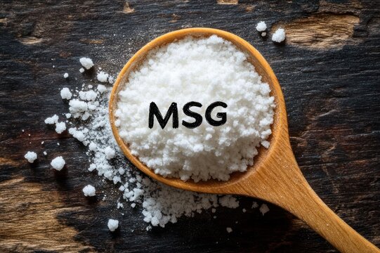 Wooden spoon filled with white granular seasoning labeled MSG on a rustic dark wooden surface, simple inviting culinary mood