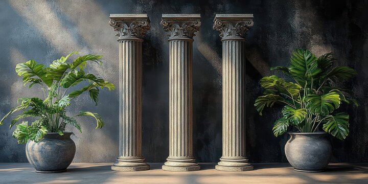 three fluted stone columns with ornate capitals flanked by two large potted tropical plants, sunbeams on a textured dark wall creating a serene contemplative atmosphere