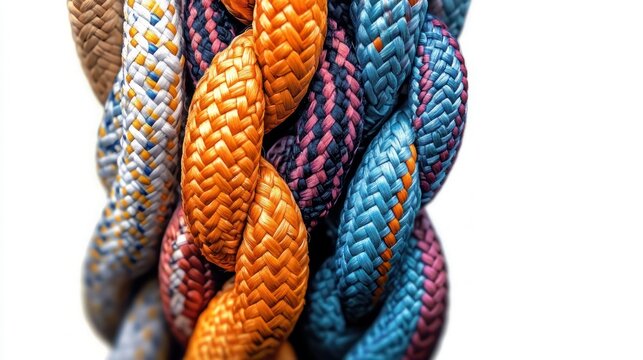 close-up of multicolored braided ropes intertwined on white background, vibrant energetic woven texture