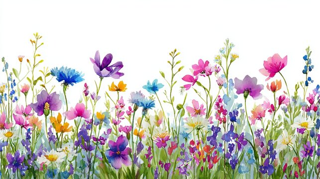 Beautiful watercolor painting of vibrant wildflowers arranged in a lush garden border against a clean and simple white background area