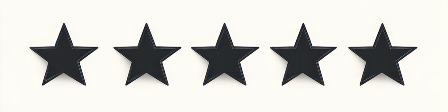 five black five-pointed stars lined horizontally on a light background with subtle shadows, conveying top rating, achievement, approval, and satisfaction