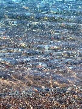 Sea clear transparent water with stones and pebbles at the bottom vertical.