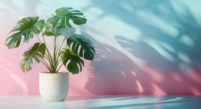 potted monstera with large split leaves casting soft shadows on pastel teal and pink wall, serene sunlit minimalist scene
