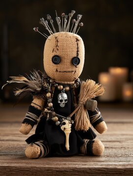 Mysterious Burlap Voodoo Doll Adorned with Pins, Skulls, and Charms on a Wooden Surface