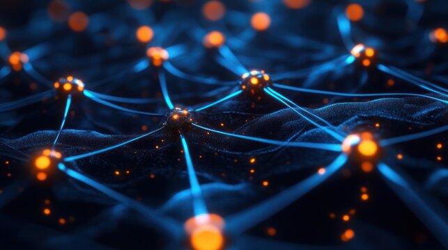 glowing orange nodes connected by blue luminescent filaments across a dark undulating surface, tiny sparks and soft bokeh creating a futuristic, dynamic and pulsating network feel