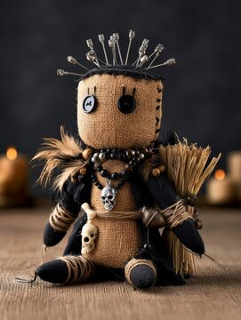 Mysterious Voodoo Doll Adorned with Pins, Skulls, and Feathers on a Wooden Surface