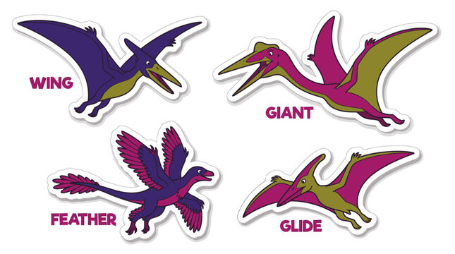 Dinosaur Illustrations: A set of four colorful illustrations depicting different types of dinosaurs with wings, labeled Wing, Giant, Feather, and Glide, showcasing their unique characteristics.