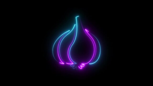 Neon garlic bulb glowing with vibrant blue and purple light on black background, vegetable