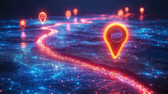 Futuristic neon map with glowing location pins and a luminous winding route over a blue city grid, conveying dynamic connectivity and precise digital navigation