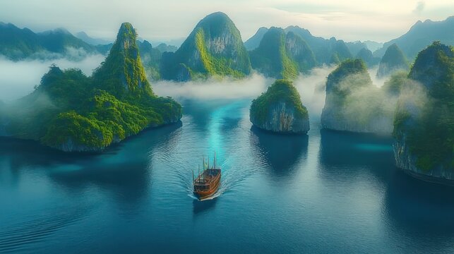 Traditional wooden boat sailing through turquoise water among misty green karst islands and steep limestone cliffs at dawn, tranquil and awe-inspiring seascape