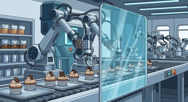 Automated robotic arm assembling cupcakes on a conveyor belt in a futuristic food factory.