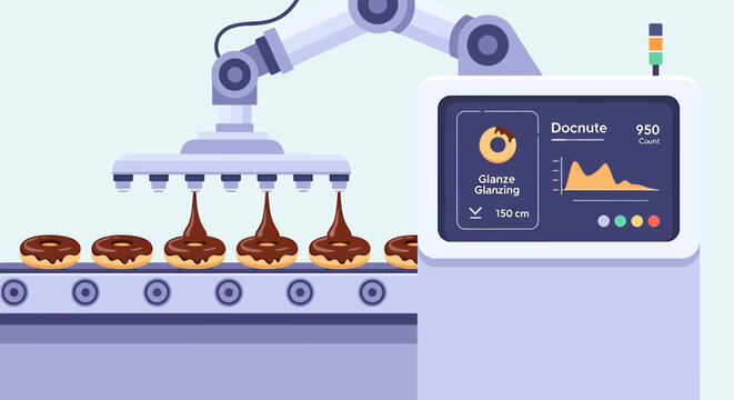 Automated robotic arm glazing chocolate donuts on a factory conveyor belt system vector illustration.