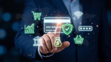 Fototapeta premium Secure online payment concept showing a businessman authenticating a digital credit card transaction, highlighting fintech innovation, financial security, encryption, and global ecommerce trends