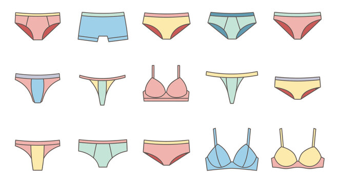 Collection of colorful underwear icons including bras panties and briefs in pastel colors.