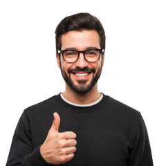Fototapeta premium Happy man with glasses showing a thumbs up gesture isolated on transparent background
