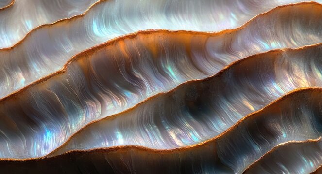 Close-up of iridescent mother-of-pearl shell with flowing wavy layers and shimmering blue, purple and green hues, evoking a serene, mesmerizing glow