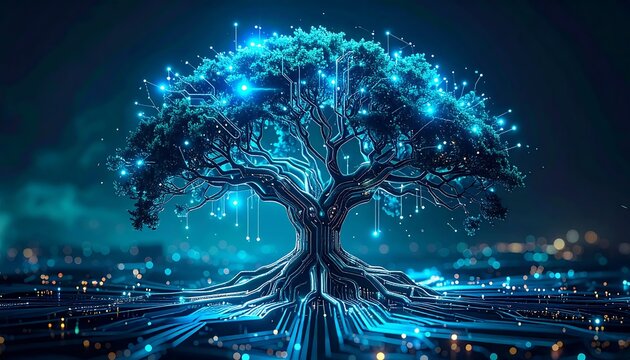 Digital tree glowing with blue binary code lights in urban night.