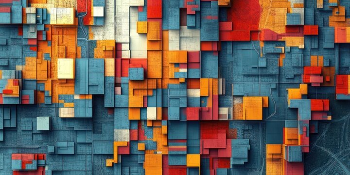 vibrant layered 3d geometric blocks and rectangular prisms in teal, orange, red and yellow with textured grid pattern, energetic futuristic abstract citylike composition