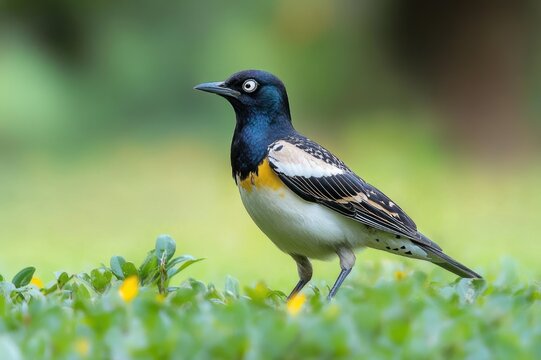 colorful songbird with black head, yellow chest and white eye ring standing on green grass with tiny yellow flowers, alert and curious