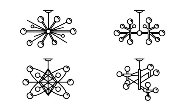 Mid century classic chandelier line icons with retro geometric ceiling fixture vector outlines