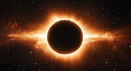 Naklejka premium silhouetted dark planet eclipsing a glowing star with a blazing orange corona and a horizontal fiery nebula band across a star-filled sky, dramatic and awe-inspiring