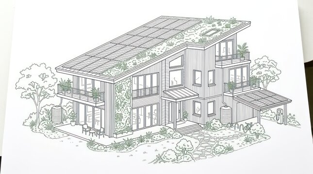 Detailed architectural drawing of futuristic eco friendly house with green energy systems.