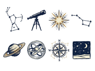 Vintage Style Celestial And Astronomical Icons Featuring Constellation Diagrams, Telescope On Tripod, Starburst Emblem, Ringed Saturn Planet, Armillary Sphere, Compass Vector Illustration © minimal