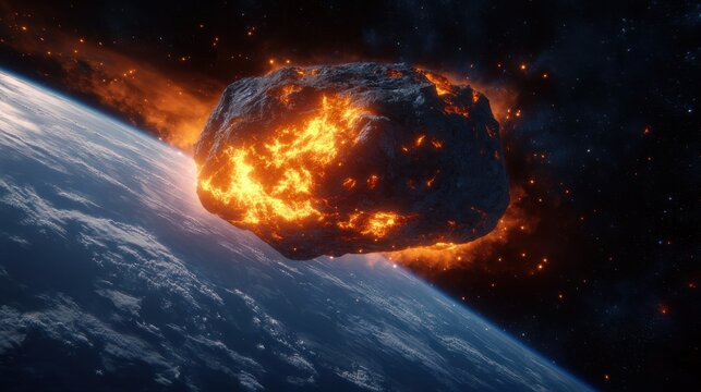 Molten asteroid blazing with fiery cracks and sparks as it hurtles toward Earth above a cloud-covered blue horizon, evoking tension and imminent danger