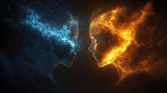 Two opposing starry particle profiles facing each other &mdash; one icy blue, one fiery orange &mdash; colliding with sparks and nebula clouds around a blurred central rectangle, intense confrontational energy
