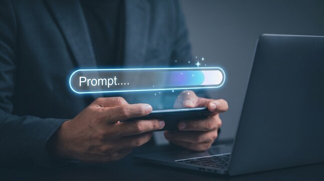 generative ai prompt interaction. businessman using smartphone with futuristic ai prompt search bar interface. concept of artificial intelligence, chatbot query and digital assistant technology
