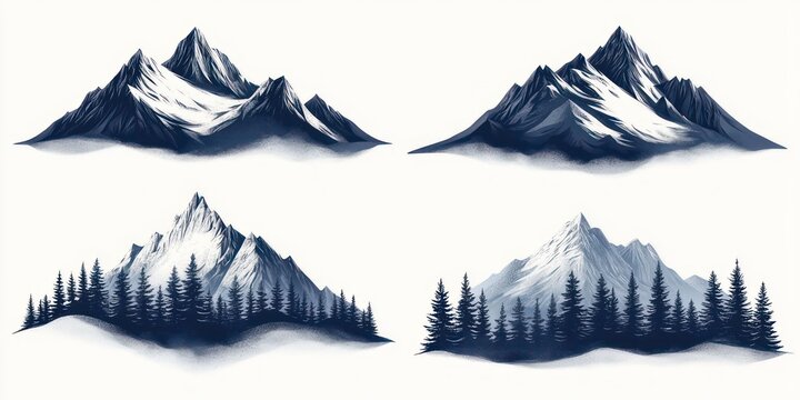 Four serene blue ink mountain vignettes with snow-capped peaks, misty bases and dense pine forests conveying calm majestic solitude