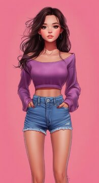 Confident young woman standing against pink background wearing an off-shoulder purple cropped sweater and high-waisted denim shorts, hands in pockets, relaxed playful mood