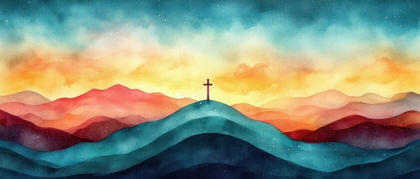 Solitary cross on a hilltop above layered teal and crimson hills beneath a starry sunrise sky with watercolor texture, evoking peace and hope