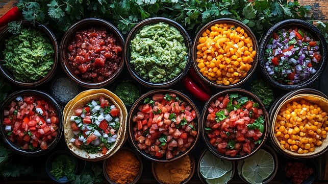 Variety of mexican salsas and toppings