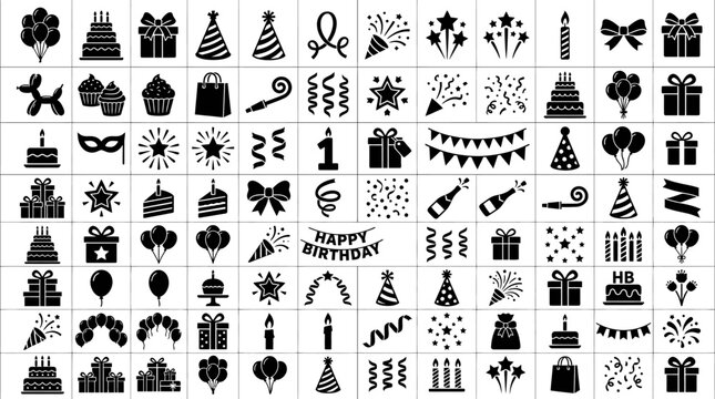 Black birthday icons on white background.