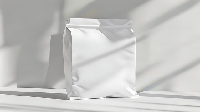 Blank white vacuum sealed clothing packaging bag for retail branding mockup, generic storage pouch, household supply container