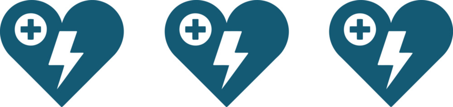 Defibrillator and medical emergency icon collection, vector set showcasing AED devices, heart rescue symbols, lightning bolts, medical crosses, and emergency equipment suitable for hospitals, clinics,