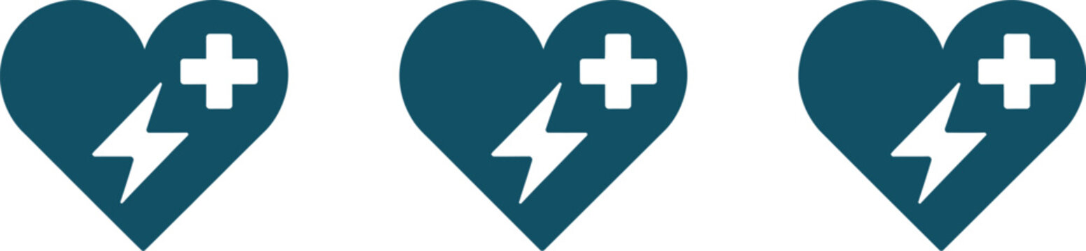 AED emergency icon set, vector illustration featuring automated external defibrillator signs, heart symbols, electric shock icons, and first aid graphics in a simple isolated style ideal 