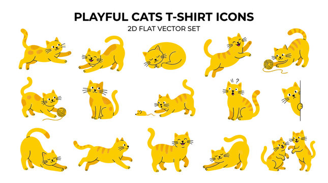 Playful Cats T-Shirt Icons: 2D Flat Vector Set of Cute Yellow Kittens